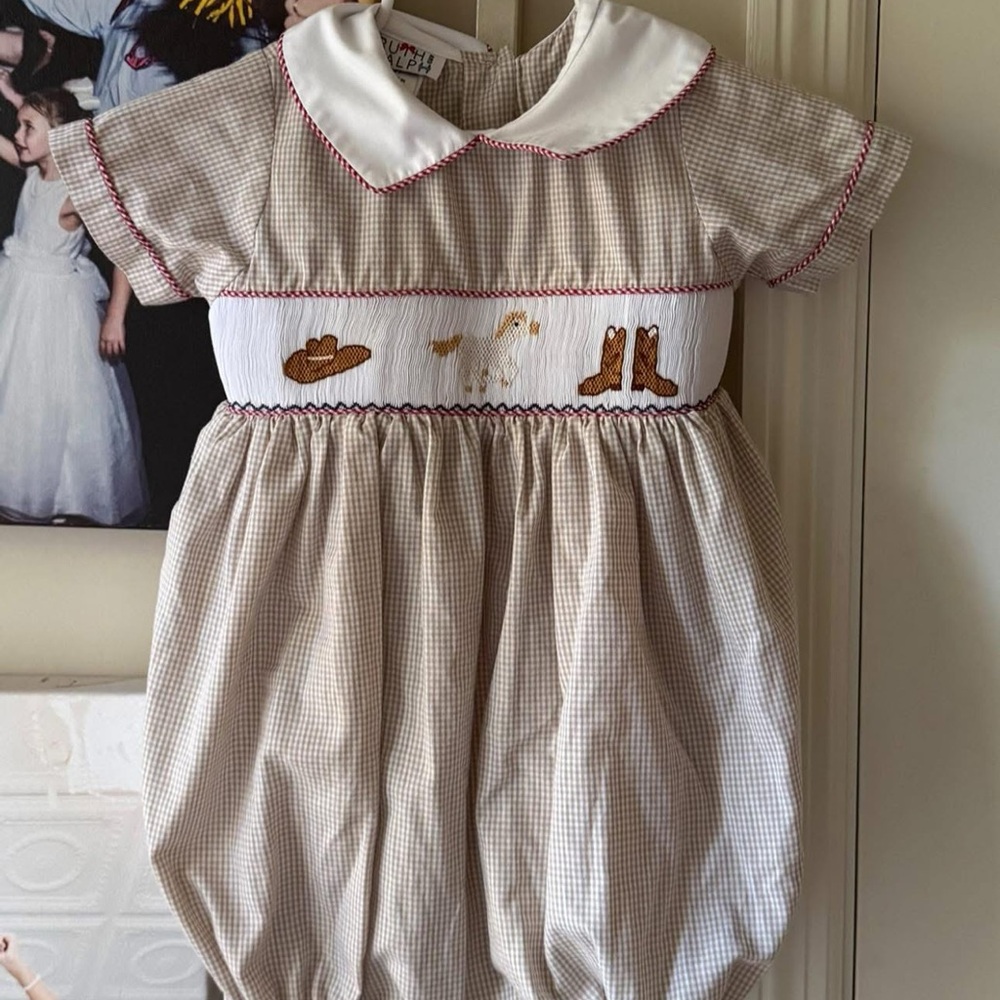 Embroidered Cowboy Boot Smocked Bubble -Beige and White